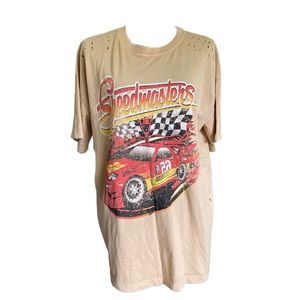 Forever 21 SPEEDMASTERS Taupe Distressed Race Car Tee medium NWOT Oversized
